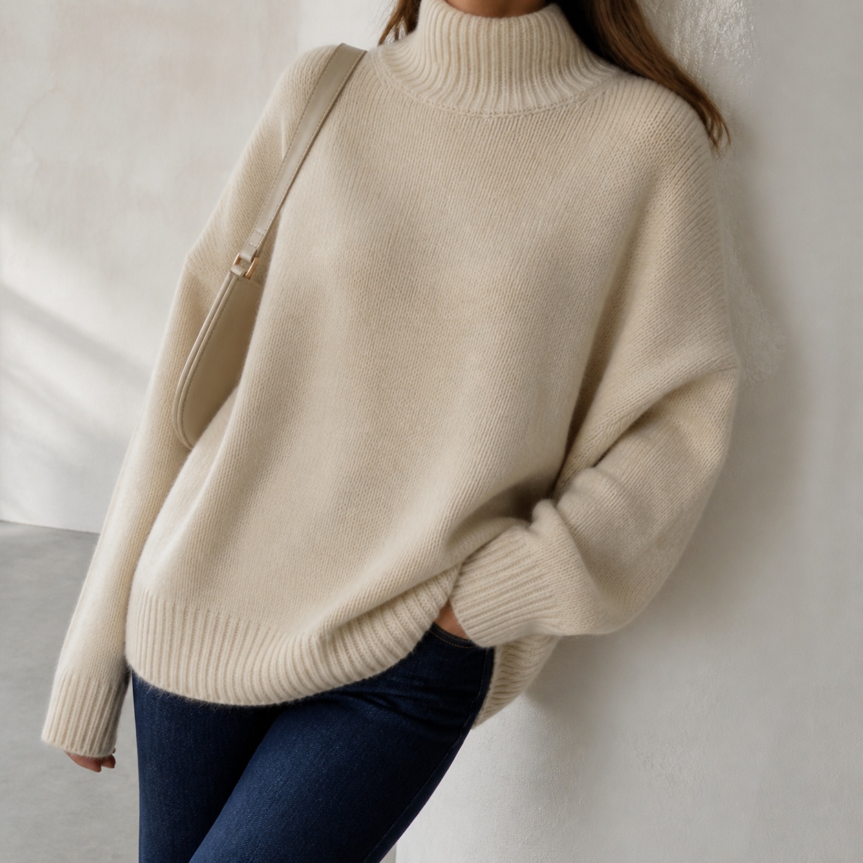 Winter Clothing H&M - เสื้อกันหนาวผู้หญิง คอเต่า แขนยาว ทรงหลวม ผ้าหนา สีพื้น