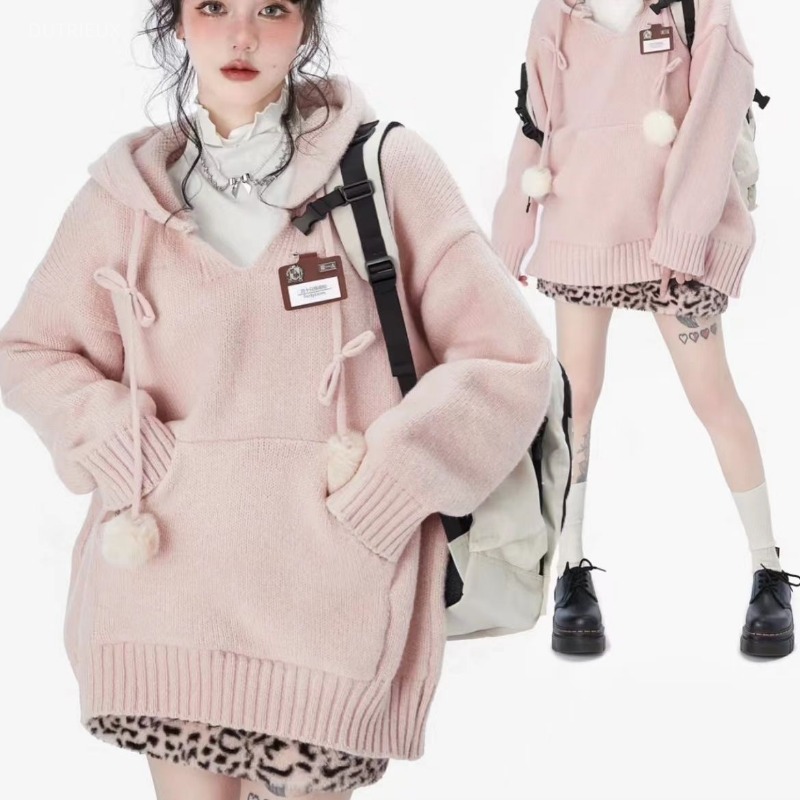 Winter Clothing Drawing - เสื้อสเวตเตอร์สไตล์ Preppy Y2k แบบมีฮู้ด สีพื้น มีกระเป๋าจิงโจ้