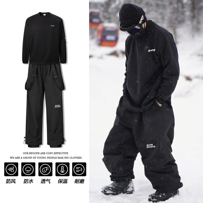 Ski Pants Waterproof - กางเกงสกีแบบมีสายรัดถอดได้บุขนแกะสำหรับฤดูหนาว สำหรับผู้ชายและผู้หญิง กันน้ำและให้ความอบอุ่น เหมาะสำหรับเล่นสโนว์บอร์ดกลางแจ้ง