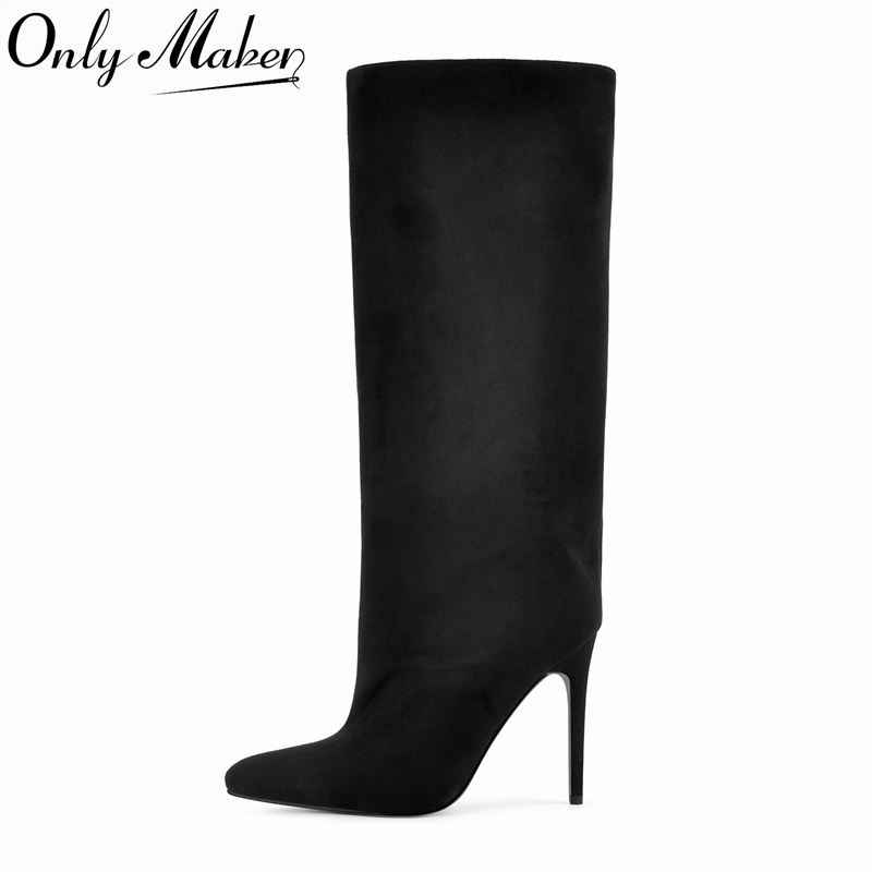 Winter Clothing Ladies - รองเท้าบูทหุ้มข้อสูงสีดำหนังกลับเทียมทรงกว้าง ปลายแหลม ส้นเข็ม สวมใส่ง่าย สำหรับฤดูใบไม้ร่วง ฤดูหนาว