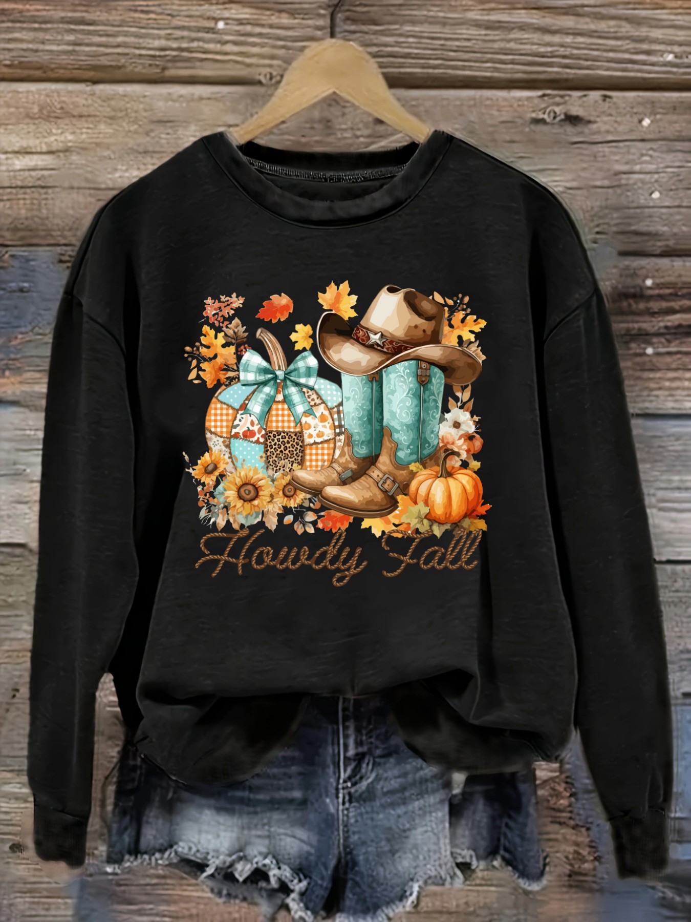 Winter Clothing Usa - เสื้อยืดแขนยาวคอกลมลำลองสำหรับผู้หญิง ลายรองเท้าบูทคาวบอยและฟักทองสำหรับฤดูใบไม้ร่วง, เสื้อผ้าผู้หญิงคอกลม, ซักเครื่องได้, ยืดหยุ่นเล็กน้อย, ทรงหลวม,