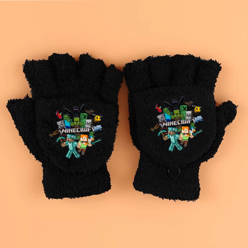 Winter Clothing Game - ถุงมือพิมพ์ลายธีมเกมใหม่ Minecraft สำหรับเด็กอายุ 4-13 ปี ถุงมือแบบครึ่งนิ้วพับได้