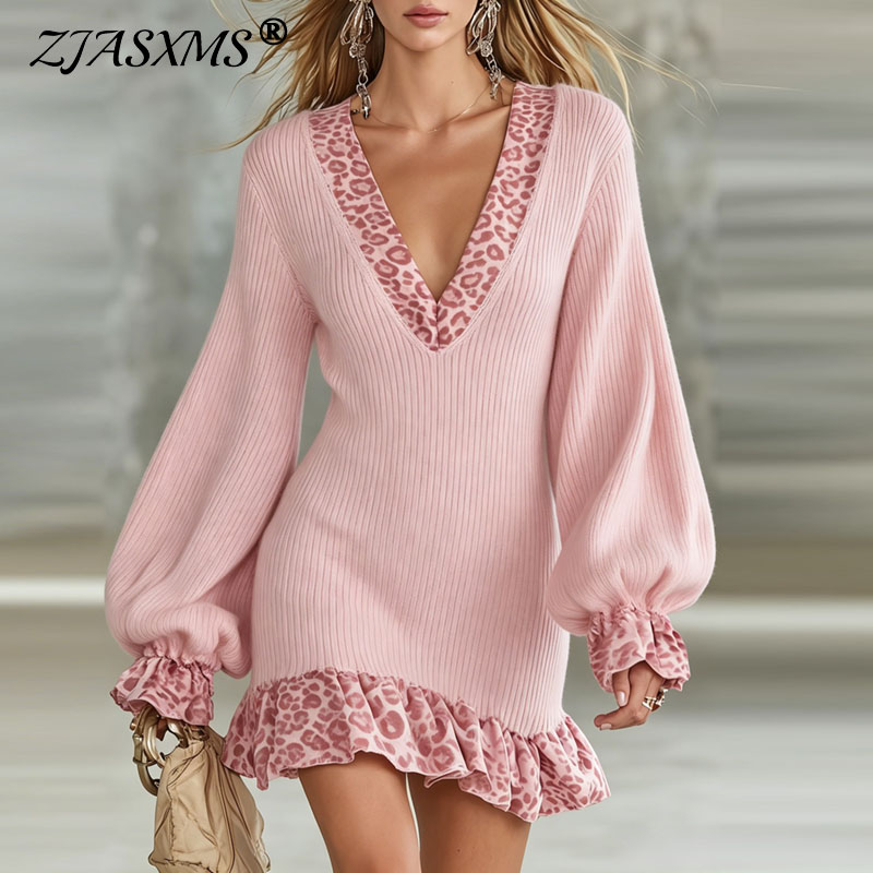 Winter Clothing H&M - เดรสสั้นถักลายเสือดาวสำหรับผู้หญิง คอวีลึก แขนทรงโคม กระโปรงทรงเข้ารูป พร้อมชายกระโปรงระบาย เหมาะสำหรับงานปาร์ตี้ฤดูหนาวและลุคสบายๆ