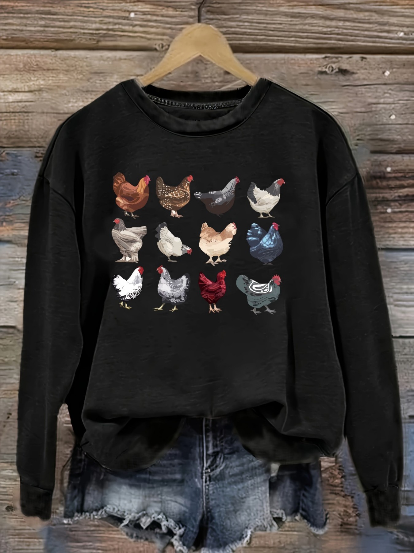 Winter Clothing Usa - เสื้อยืดแขนยาวคอกลมลำลองสำหรับผู้หญิง ลายพิมพ์ภาพประกอบสายพันธุ์ไก่หลากสี เสื้อผ้าผู้หญิงคอกลม ซักเครื่องได้ ยืดหยุ่นเล็กน้อย ทรงหลวม