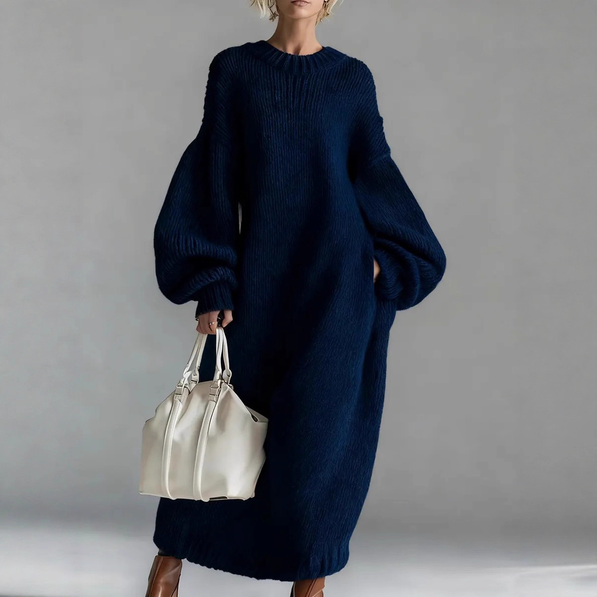 Winter Clothing H&M - เดรสสเวตเตอร์ทรงหลวมแขนกระดิ่ง คอทรงกลม สีพื้น เรียบหรู สไตล์วินเทจ ลำลอง