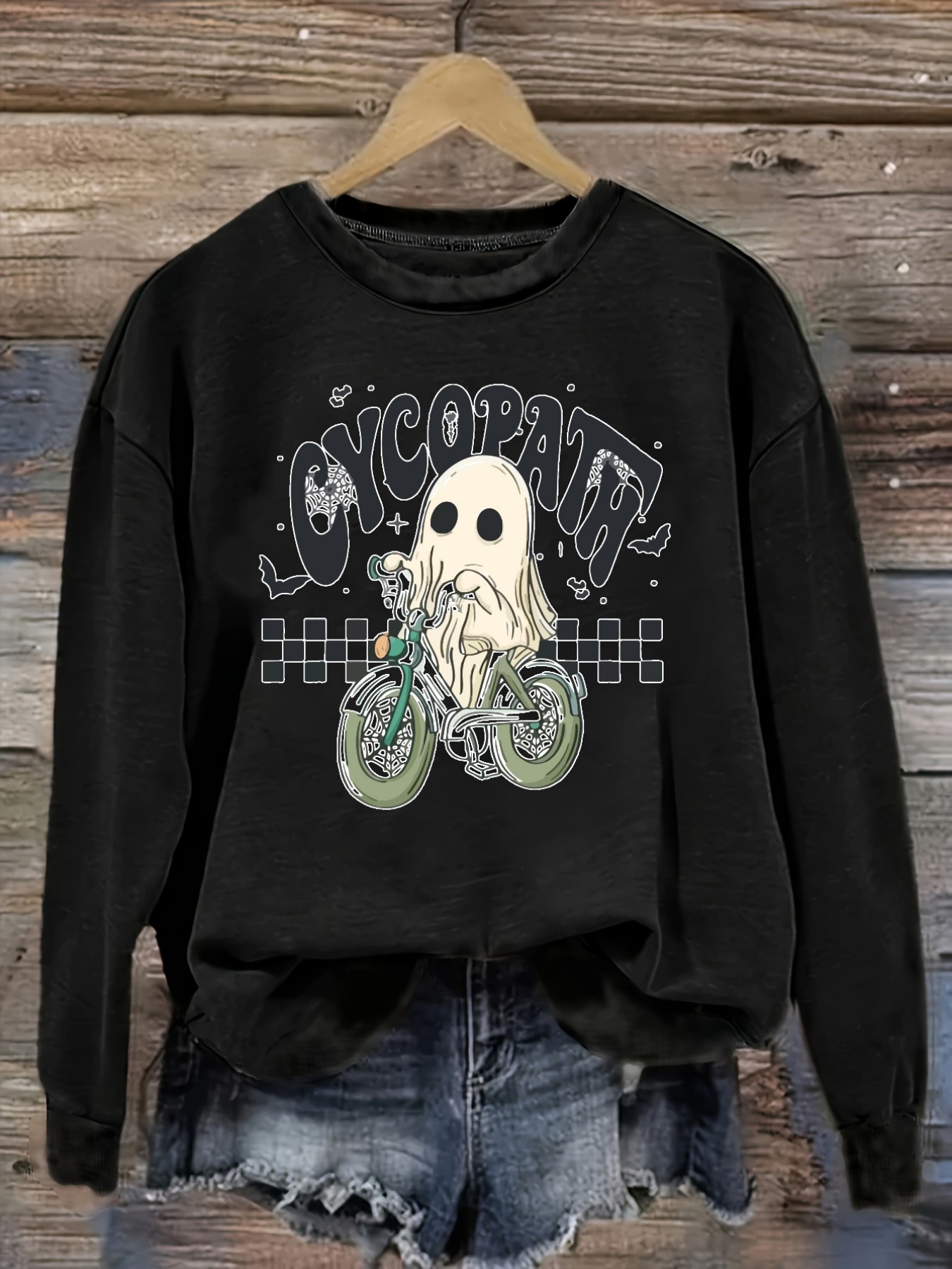 Winter Clothing Usa - เสื้อยืดแขนยาวคอกลมลำลองสำหรับผู้หญิง ลายกราฟิกรูปผีขี่มอเตอร์ไซค์ เสื้อผ้าผู้หญิงคอกลม ซักเครื่องได้ ยืดหยุ่นเล็กน้อย ทรงหลวม