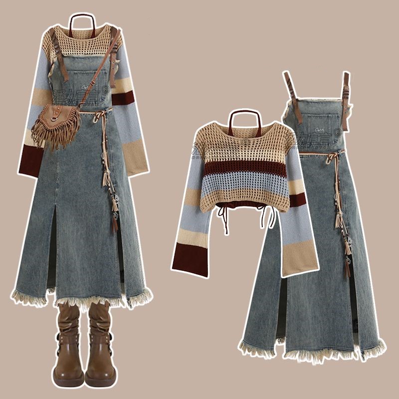 Winter Wear Clothes - ชุดเซ็ตกระโปรงยีนส์วินเทจใหม่ประจำฤดูใบไม้ผลิปี 2026 เสื้อถักทรงหลวมแบบโปร่งสำหรับผู้หญิง + ชุดเดรสผ่าข้างเซ็กซี่แบบสองชิ้น