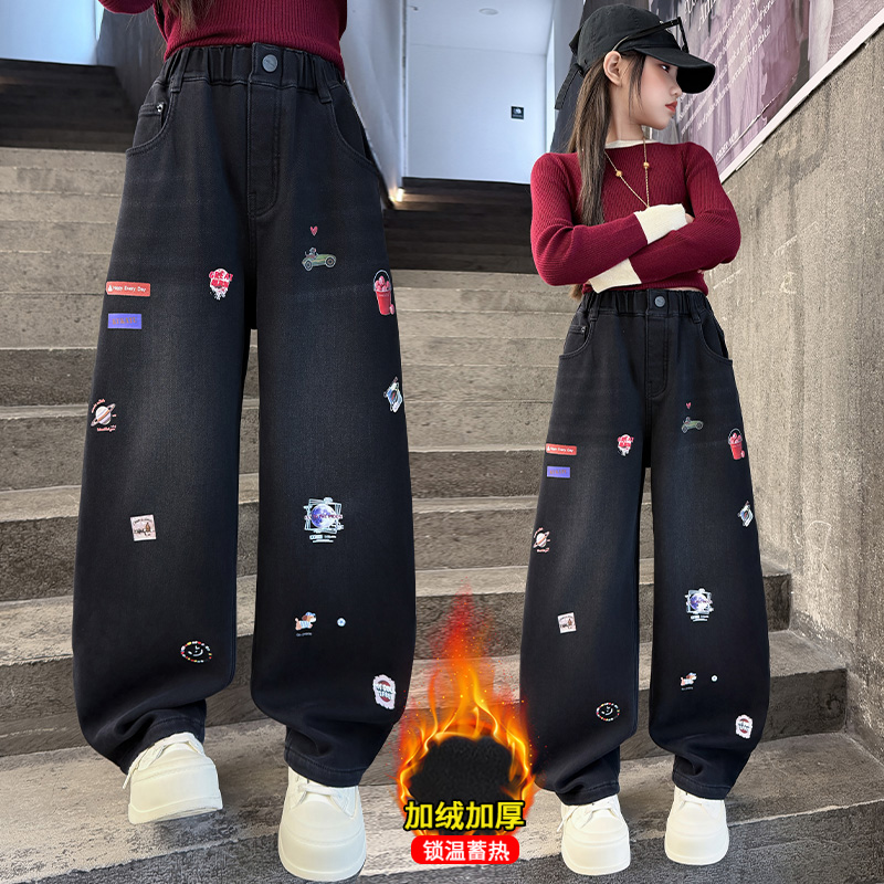 Winter Clothing Drawing - กางเกงยีนส์เด็กผู้หญิงลายการ์ตูนปัก ทรงหลวมขาตรง สำหรับเด็กวัย 4-14 ปี เสื้อผ้าฤดูใบไม้ร่วง