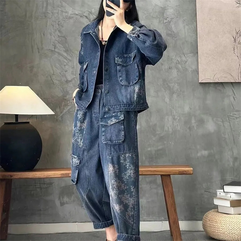 Winter Clothing Deals - 2025 ฤดูใบไม้ร่วงDenimแจ็คเก็ตชุดลายสก๊อตลายเสื้อแฟชั่นชุดสตรี 2022 ฤดูใบไม้ผลิใหม่เสื้อสบายๆกางเกงยีนส์ 2 ชิ้นชุด