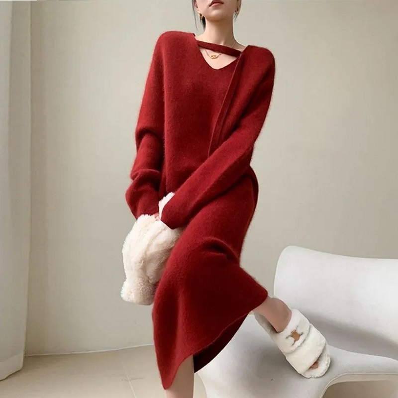 Winter Clothing H&M - เดรสไหมพรมสำหรับผู้หญิง ปี 2025 ใหม่ สไตล์ลำลอง สีชมพู