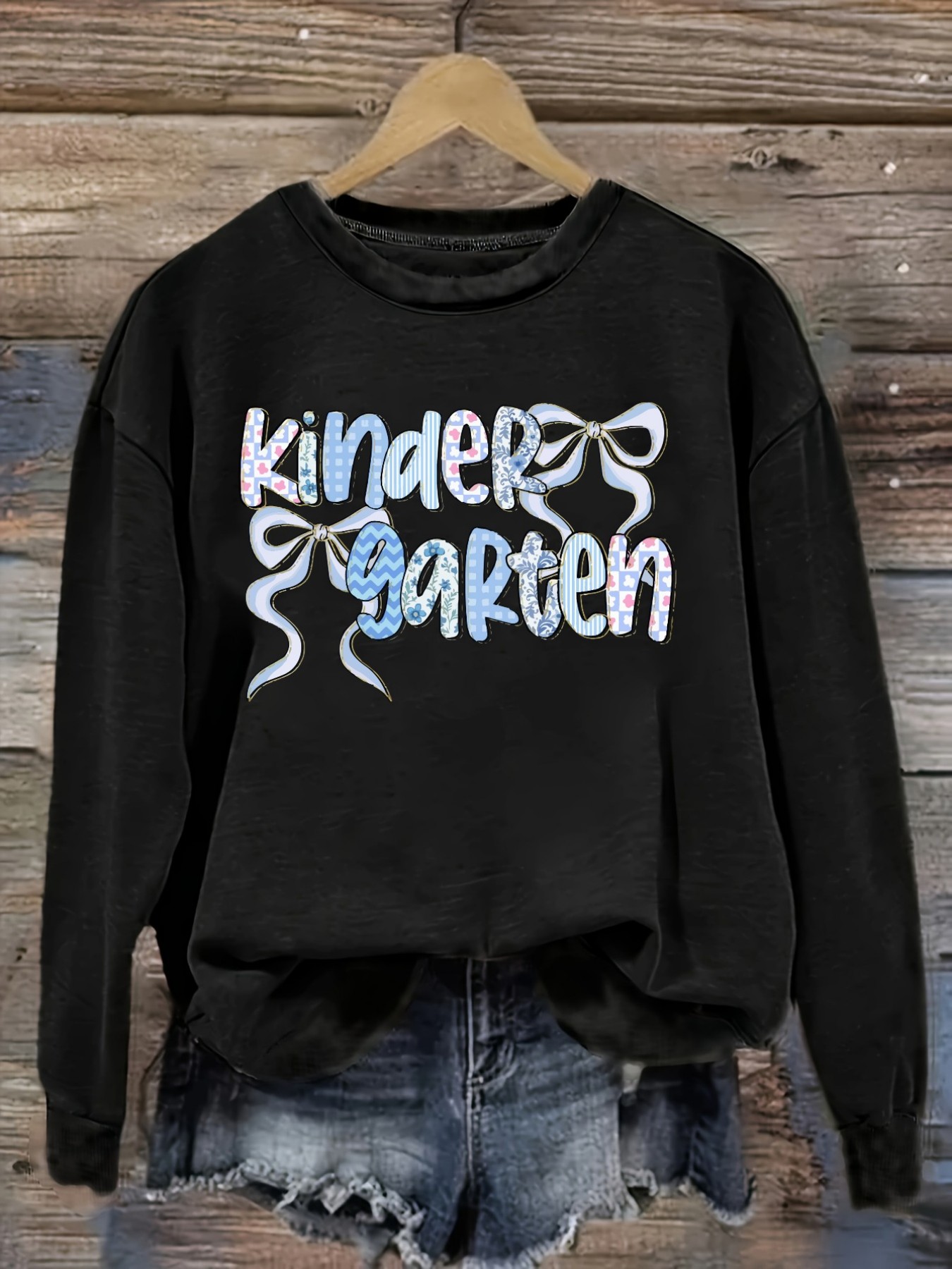 Winter Clothing Usa - เสื้อยืดแขนยาวคอกลมลำลองสำหรับผู้หญิง ลายพิมพ์โบว์สำหรับเด็กอนุบาล เสื้อผ้าผู้หญิงคอกลม ซักเครื่องได้ ยืดหยุ่นเล็กน้อย ทรงหลวม