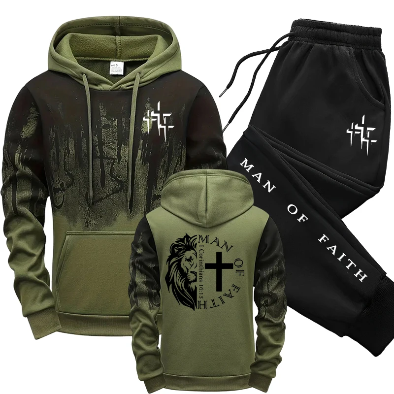 Winter Wear Clothes - ชุดเซ็ตผู้ชายลาย Man of Faith เสื้อฮู้ดและกางเกงวอร์มสีดำ สำหรับฤดูใบไม้ร่วงและฤดูหนาว