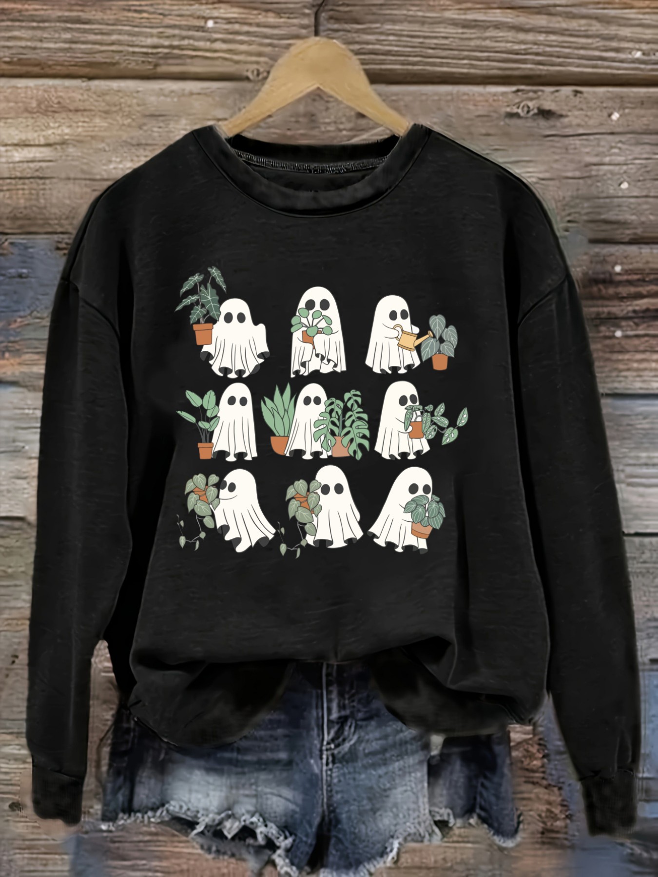 Winter Clothing Usa - เสื้อยืดแขนยาวคอกลมลำลองสำหรับผู้หญิง ลายผีน่ารักถือกระถางต้นไม้ เสื้อผ้าผู้หญิงคอกลม ซักเครื่องได้ ยืดหยุ่นเล็กน้อย ทรงหลวม