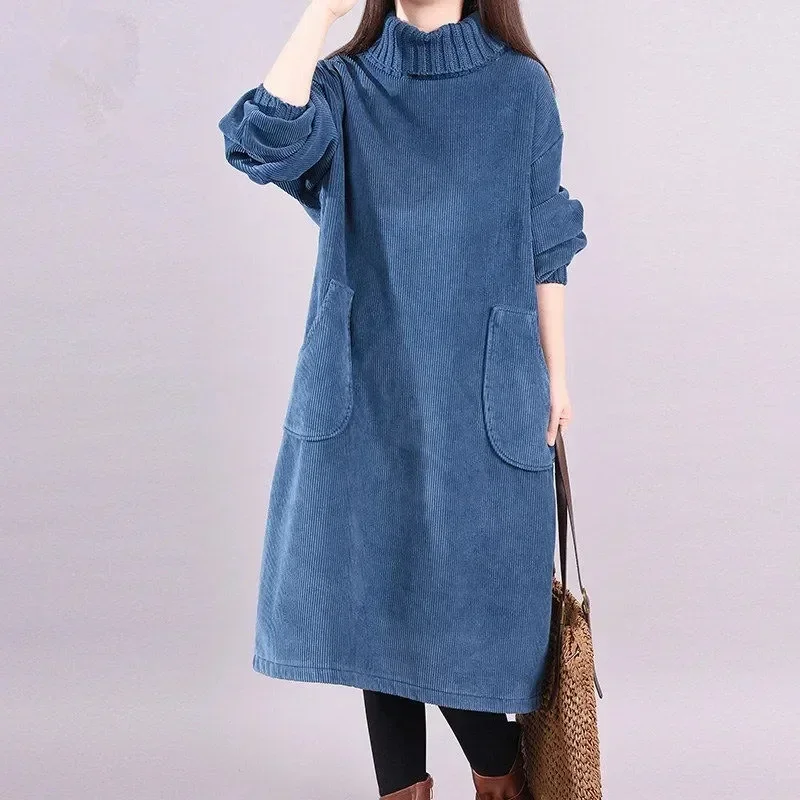 Winter Clothing H&M - ผู้หญิงฤดูใบไม้ร่วงฤดูหนาวชุดใหม่Retro Corduroy Vestidosเพิ่มกํามะหยี่คอชุดกลางความยาวหลวมเสื้อกันหนาวหญิง 2022