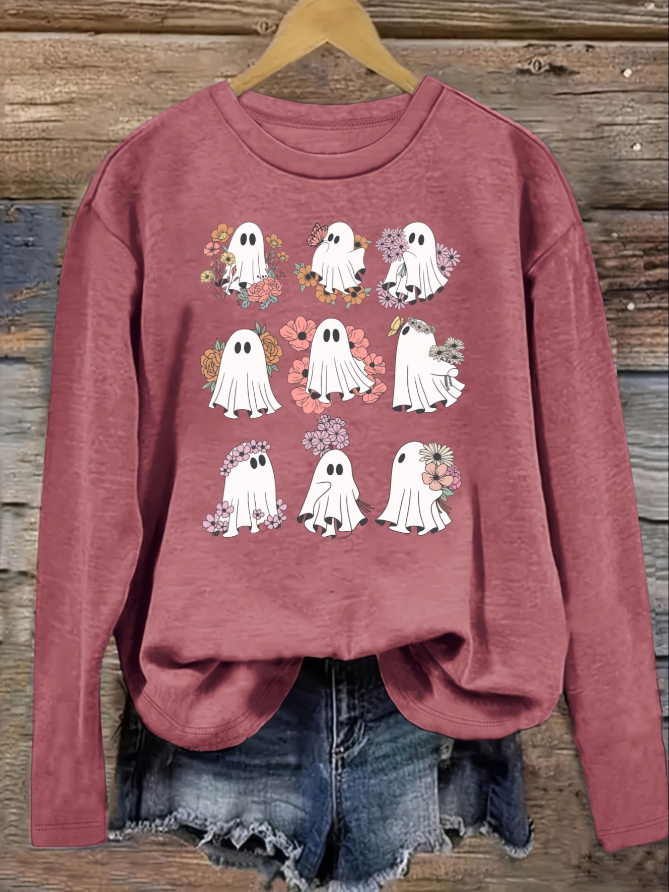 เสื้อยืดแขนยาวคอกลมลายดอกไม้แล - Winter Clothing Usa บทวิจารณ์และราคา